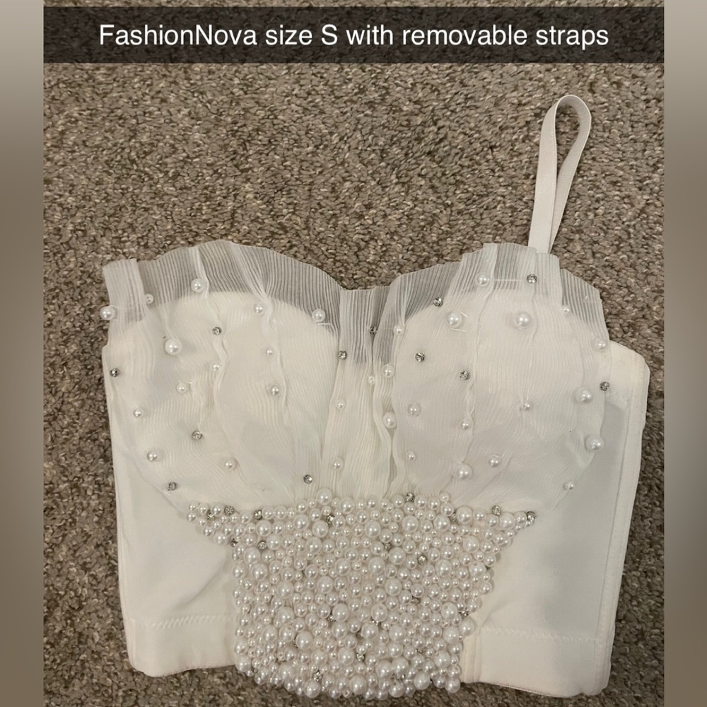 Fashion Nova Cream Strapless Top with Pearl Details